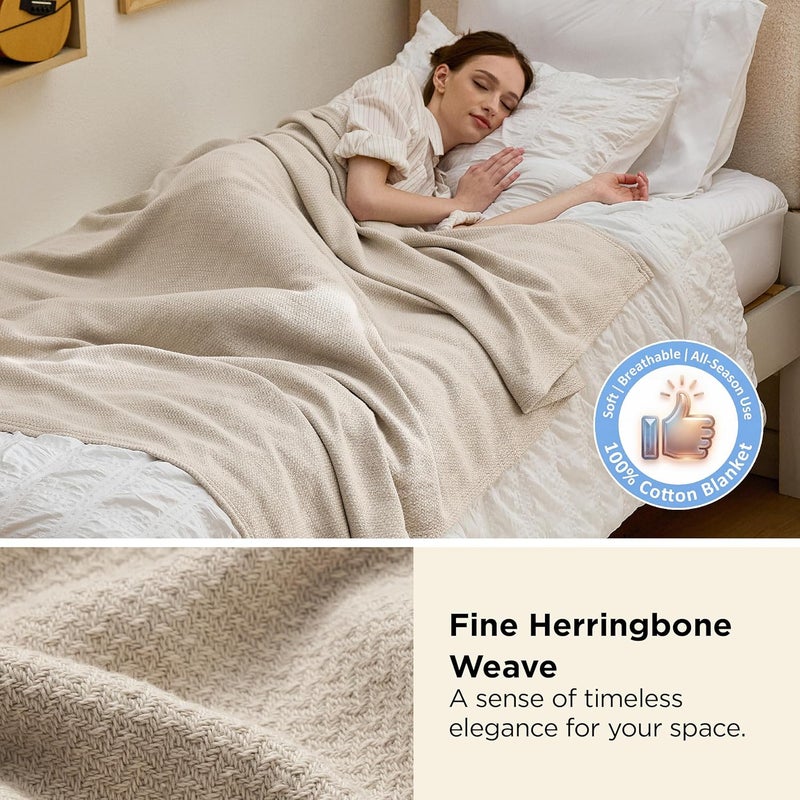 Bedsure GentleSoft 100% Cotton Blanket Twin XL Size for Bed - Cooling Breathable and Lightweight, Soft Cozy Textured Herringbone Woven Summer Blanket for College Dorm, Linen Beige, 66x90 inches - Image 2