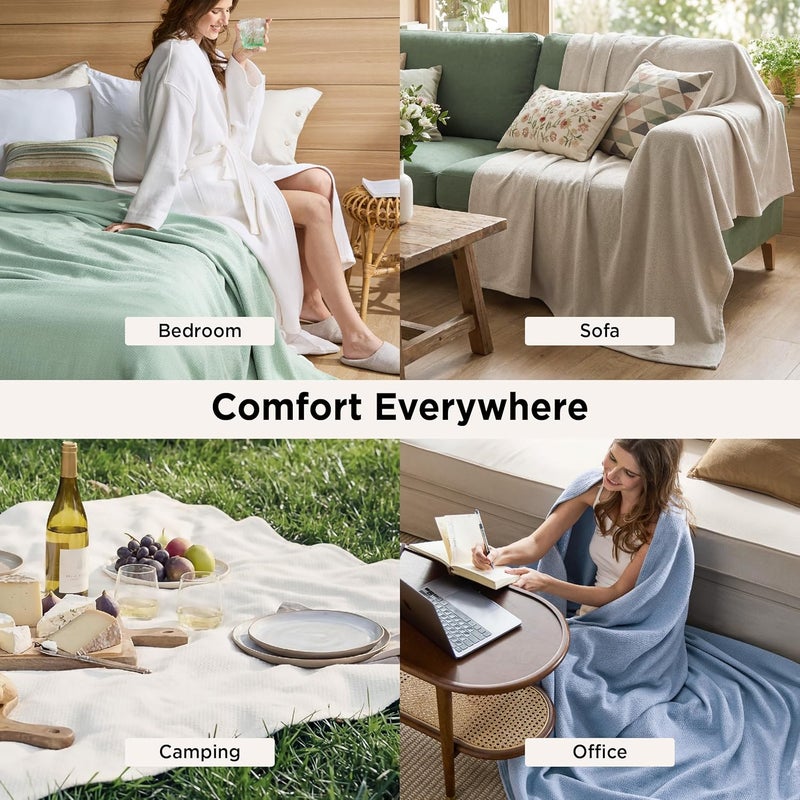 Bedsure GentleSoft 100% Cotton Blanket Twin XL Size for Bed - Cooling Breathable and Lightweight, Soft Cozy Textured Herringbone Woven Summer Blanket for College Dorm, Linen Beige, 66x90 inches - Image 5