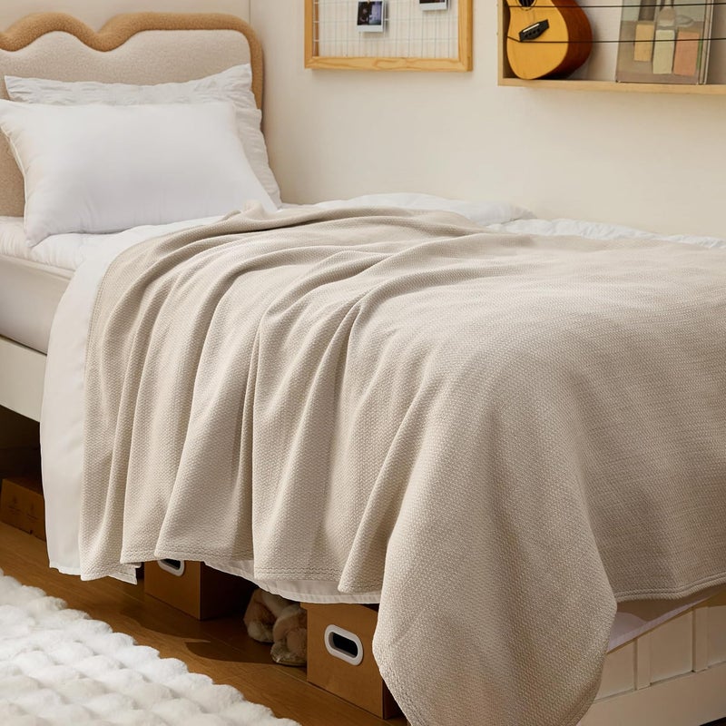Bedsure GentleSoft 100% Cotton Blanket Twin XL Size for Bed - Cooling Breathable and Lightweight, Soft Cozy Textured Herringbone Woven Summer Blanket for College Dorm, Linen Beige, 66x90 inches - Image 1