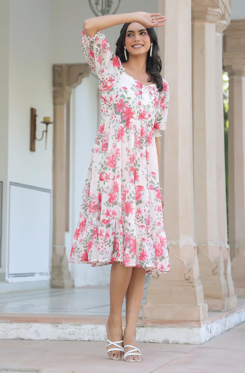 Janasya Women's Cream Georgette Floral Printed Tiered Dress (JAC24DR01626-M) - Image 5