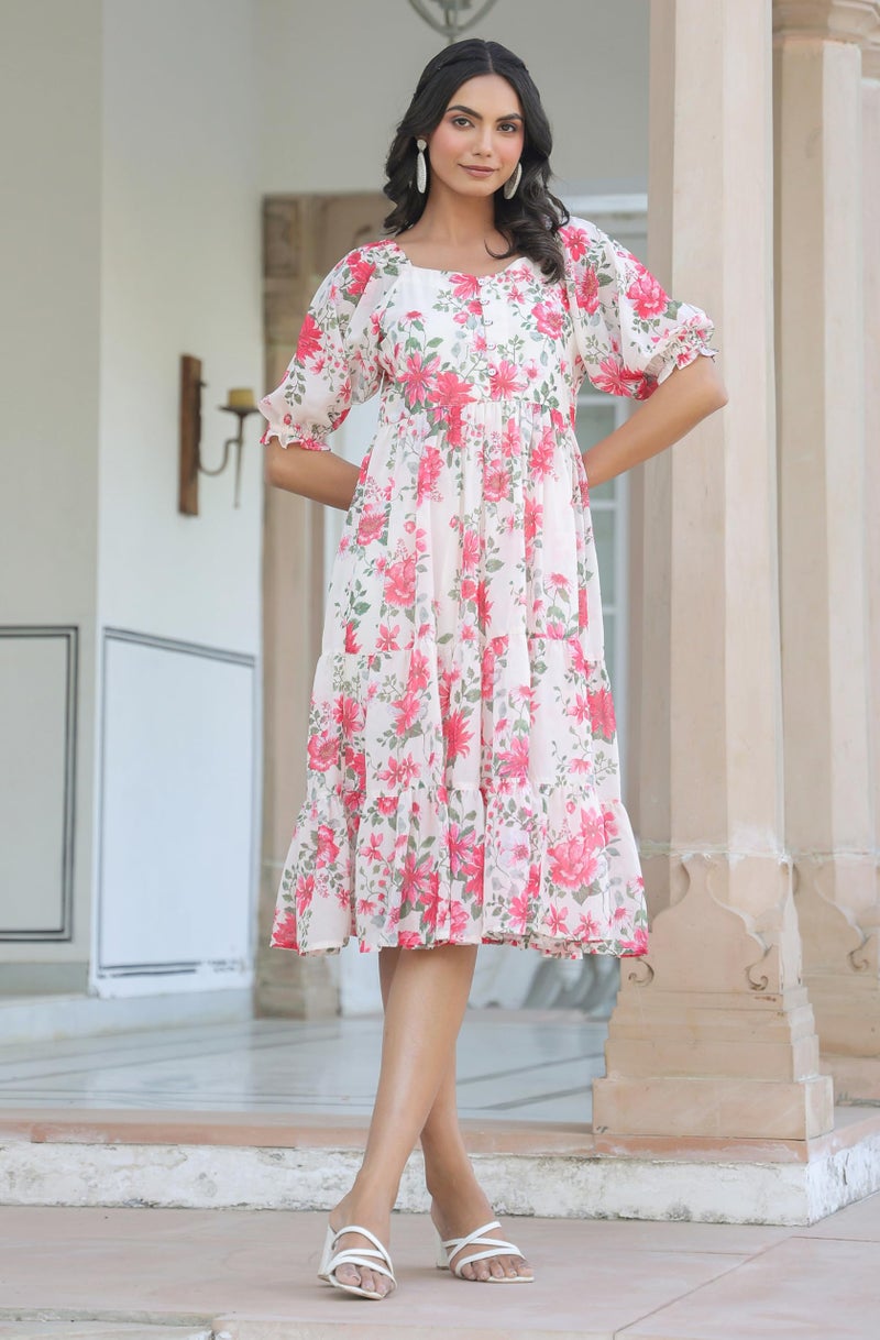Janasya Women's Cream Georgette Floral Printed Tiered Dress (JAC24DR01626-M) - Image 3
