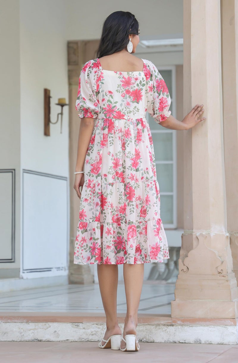 Janasya Women's Cream Georgette Floral Printed Tiered Dress (JAC24DR01626-M) - Image 4