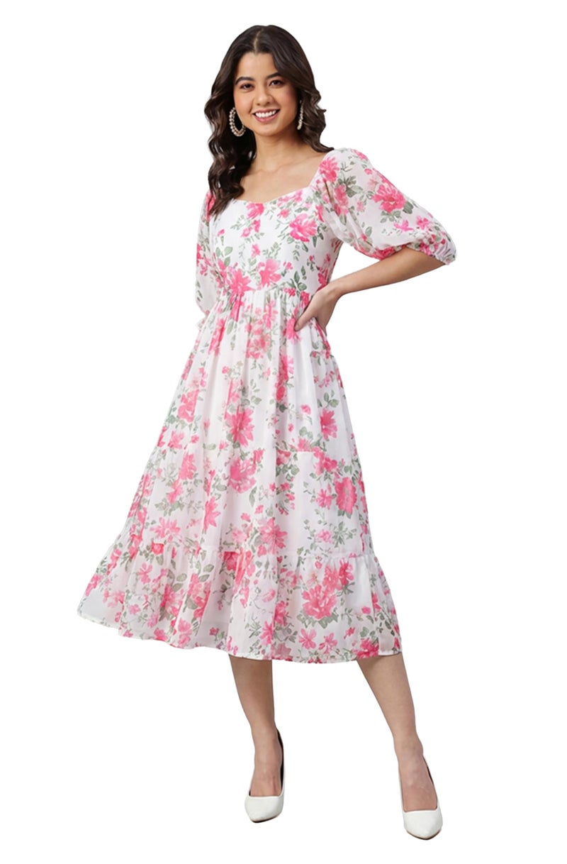 Janasya Women's Cream Georgette Floral Printed Tiered Dress (JAC24DR01626-M) - Image 1