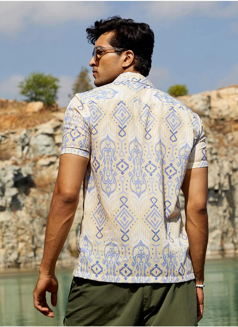 Campus Sutra Men's Pale Yellow & Powder Blue Ethnic Shirt