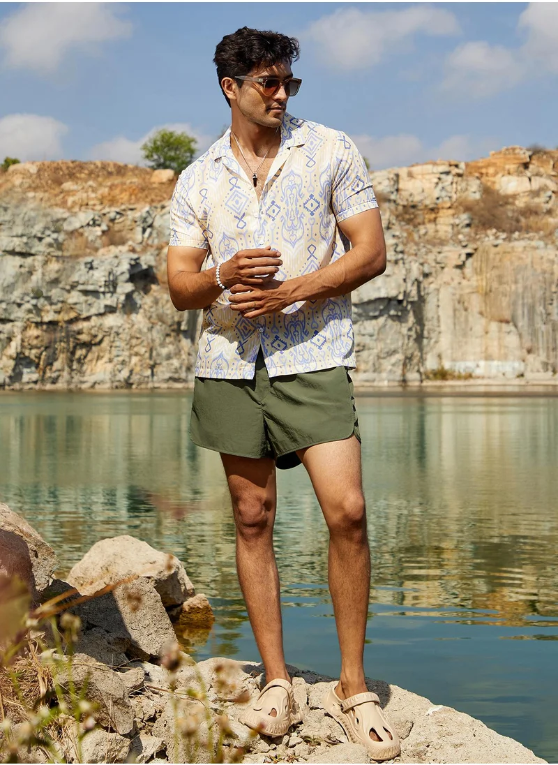 Campus Sutra Men's Pale Yellow & Powder Blue Ethnic Shirt