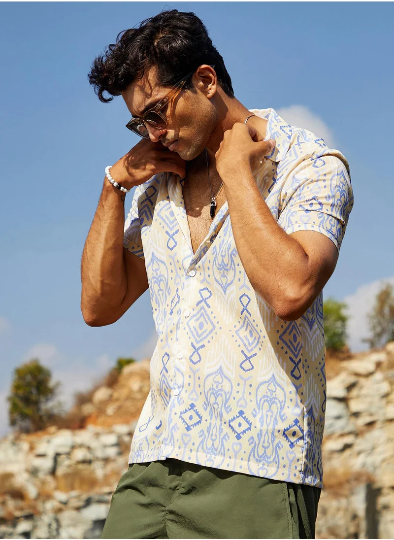 Campus Sutra Men's Pale Yellow & Powder Blue Ethnic Shirt