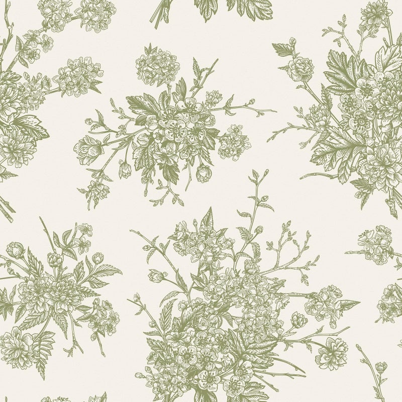 Wallderful Green Floral Wallpaper Peel and Stick Beige Cream Wallpaper Flower Contact Paper Removable Wall Paper Vinyl Vintage Peel and Stick Countertops Cabinets Bedroom Accent Walls 17.5"x102" Self Adhesive - Image 1
