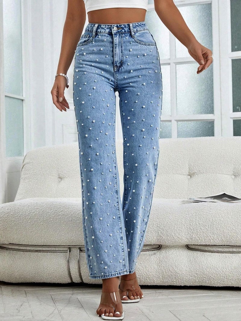 Kedera Women Pearl Baggy Jeans Loose Fit Casual Rhinestone Jeans Straight Leg Stretchy Denim Jeans Mid Blue - Image 4
