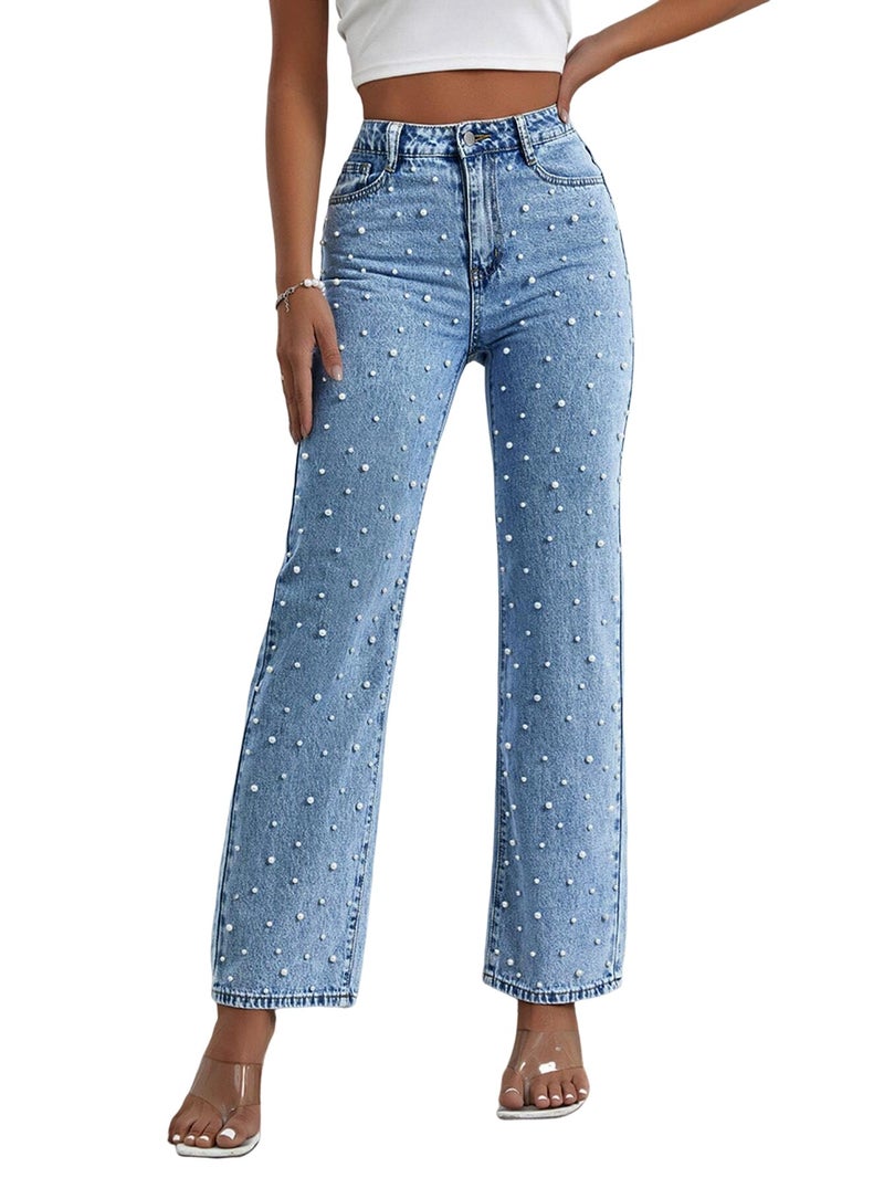 Kedera Women Pearl Baggy Jeans Loose Fit Casual Rhinestone Jeans Straight Leg Stretchy Denim Jeans Mid Blue - Image 1