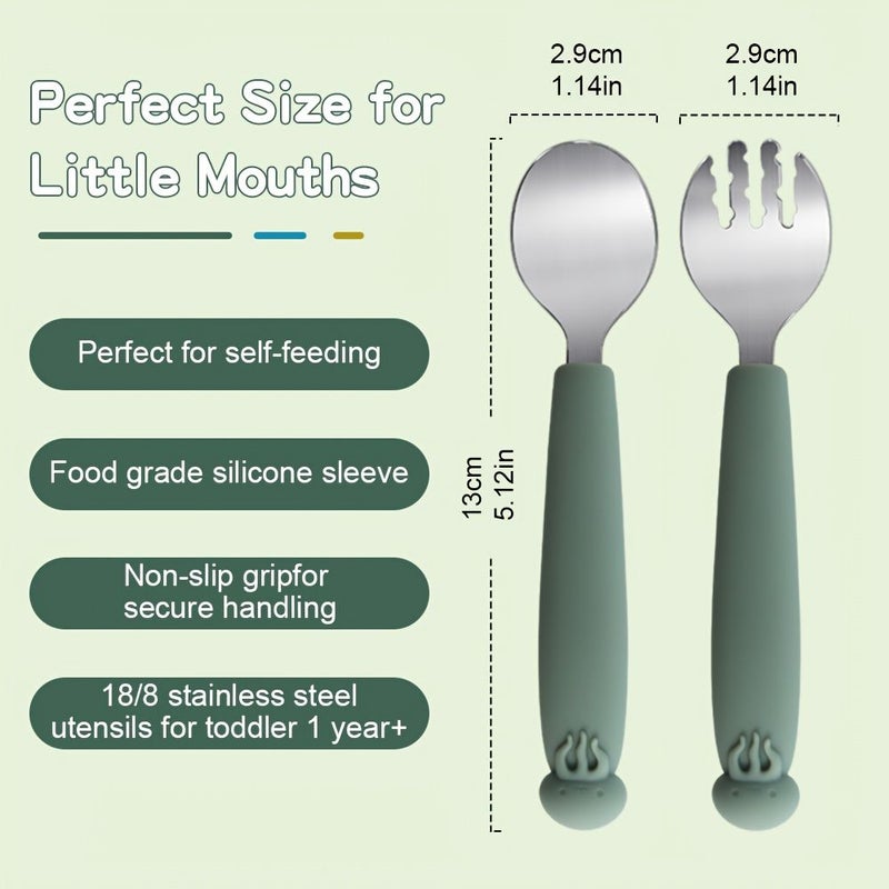 2pcs Baby Friendly Food Grade Fork And Spoon Set With Anti Slip Jellyfish Pattern Handles Covered Ocean Animal Series For Toddlers Kids Ideal Baby Showers Birthday Christmas Gift Olive Green - Image 2