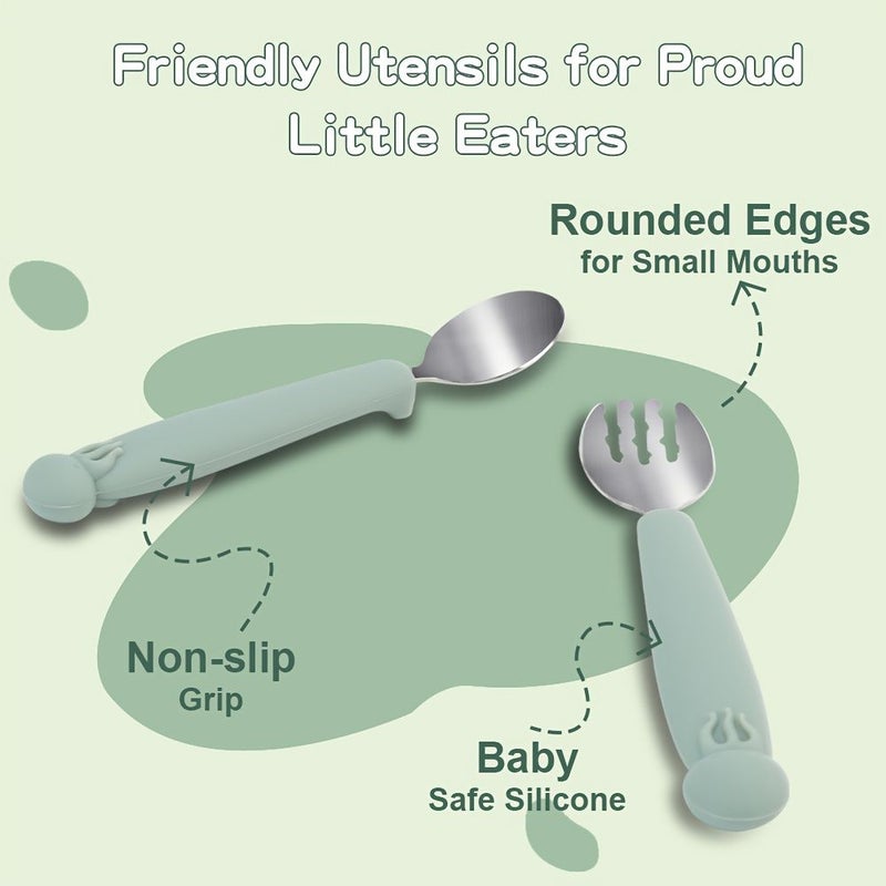 2pcs Baby Friendly Food Grade Fork And Spoon Set With Anti Slip Jellyfish Pattern Handles Covered Ocean Animal Series For Toddlers Kids Ideal Baby Showers Birthday Christmas Gift Olive Green - Image 3