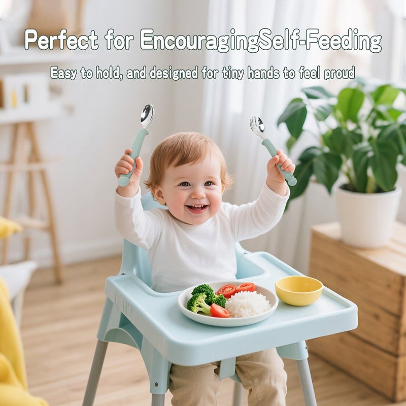 2pcs Baby Friendly Food Grade Fork And Spoon Set With Anti Slip Jellyfish Pattern Handles Covered Ocean Animal Series For Toddlers Kids Ideal Baby Showers Birthday Christmas Gift Olive Green - Image 4