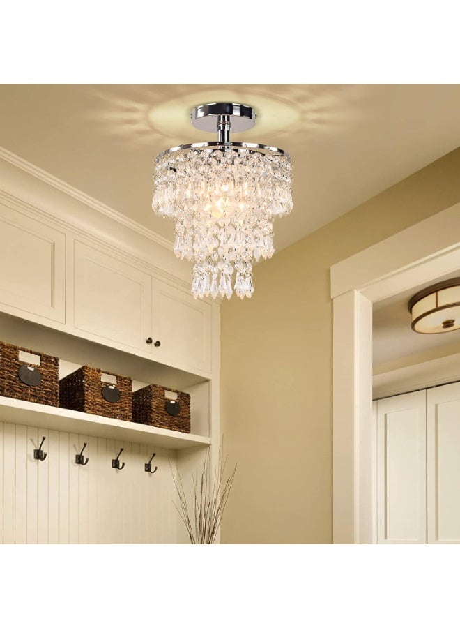 أجريون ثريا كريستال صغيرة إضاءة سقف كروم LED بثلاث طبقات من قطرات المطر - مصباح لغرفة النوم، الردهة، ديكور غرفة المعيشة - Image 2