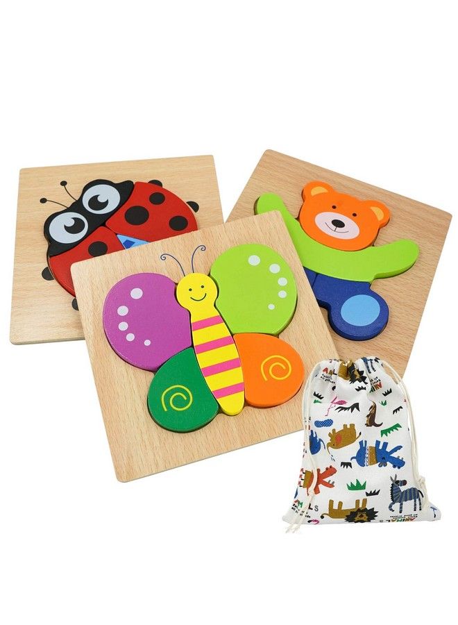 DreamsEden Wooden Chunky Jigsaw Puzzles Set With Storage Bag Animal Blocks Learning Educational Toys Gifts For Kids Boys Girls, 3 Pcs (Bear, Butterfly, Ladybug)  - Image 2