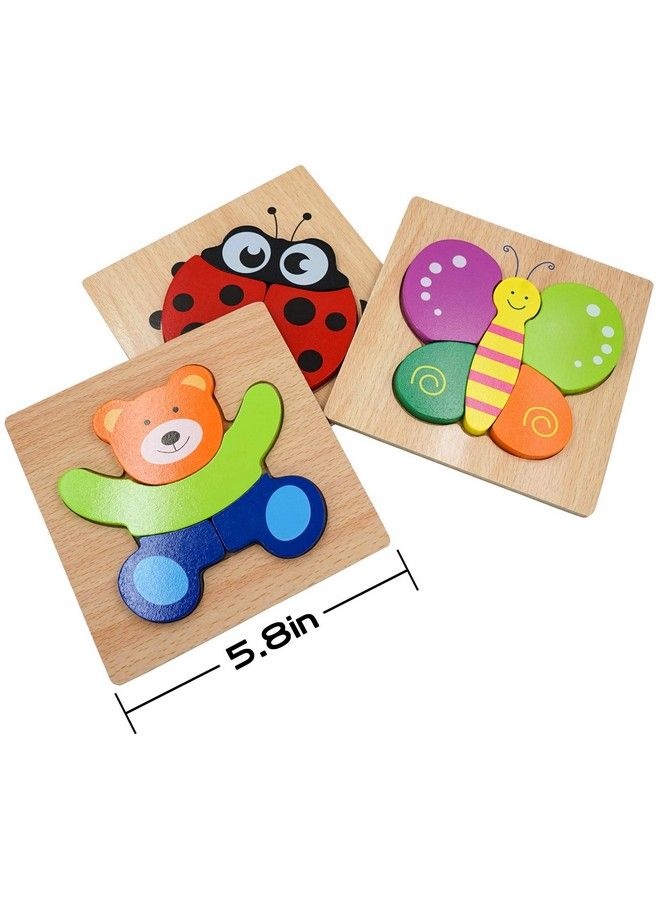 DreamsEden Wooden Chunky Jigsaw Puzzles Set With Storage Bag Animal Blocks Learning Educational Toys Gifts For Kids Boys Girls, 3 Pcs (Bear, Butterfly, Ladybug)  - Image 5