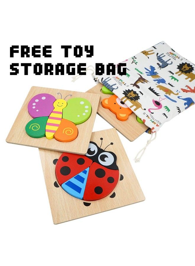 DreamsEden Wooden Chunky Jigsaw Puzzles Set With Storage Bag Animal Blocks Learning Educational Toys Gifts For Kids Boys Girls, 3 Pcs (Bear, Butterfly, Ladybug)  - Image 3