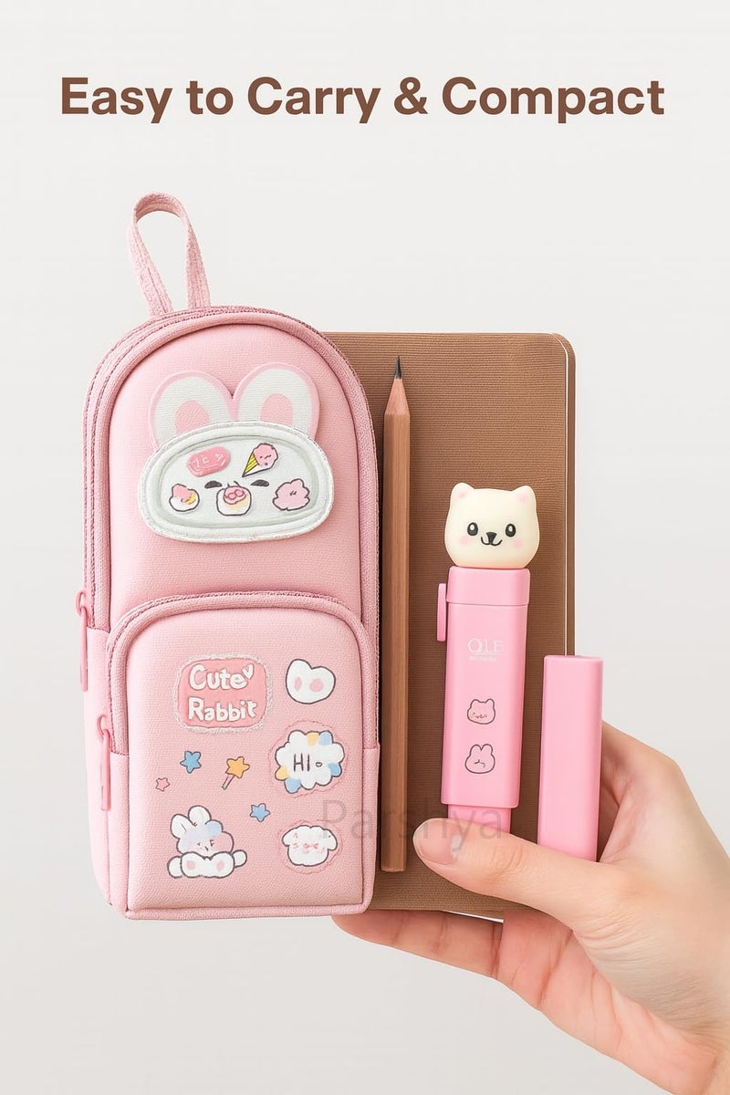 Parshya Cute Rabbit Pencil Pouch for Kids with Cute Cat Eraser Set | 6-Layer Multi-Pocket Pen Bag for Girls | School Stationery Kit Combo | Cute Bunny Design Pink Pouch - Image 5