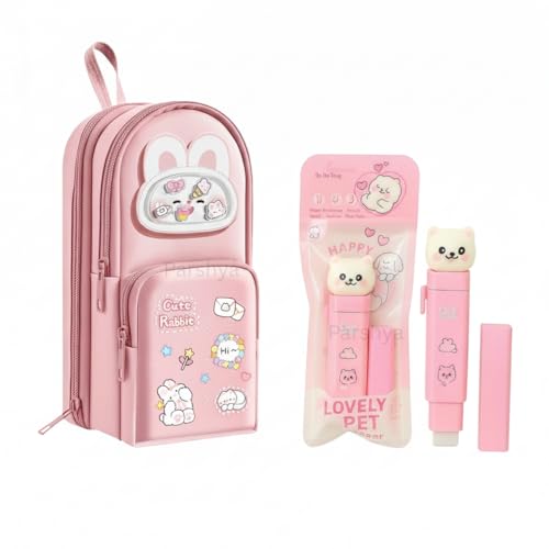 Parshya Cute Rabbit Pencil Pouch for Kids with Cute Cat Eraser Set | 6-Layer Multi-Pocket Pen Bag for Girls | School Stationery Kit Combo | Cute Bunny Design Pink Pouch - Image 1