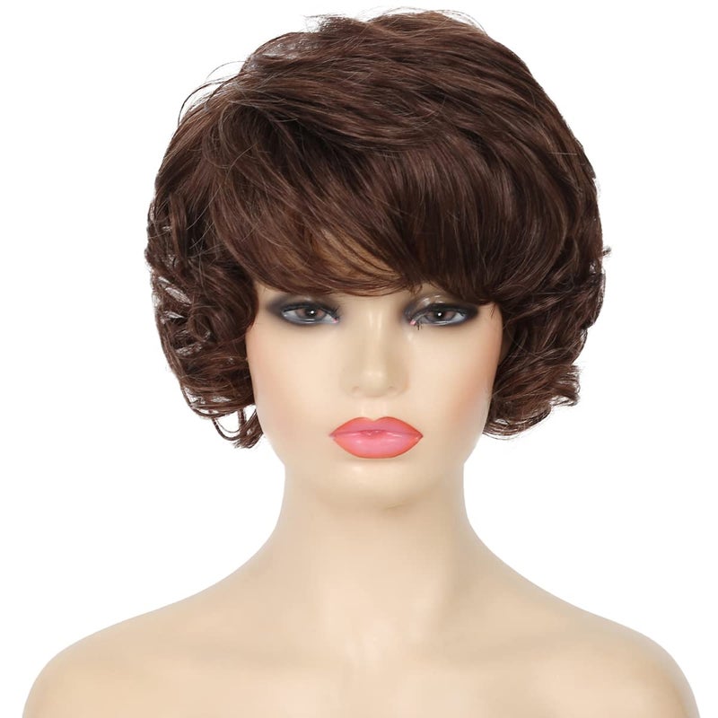 Kaneles Short Brown Curly Wavy Wig with Hair Bangs Synthetic Fashion Brown Hair Wigs for WomenDark Brown