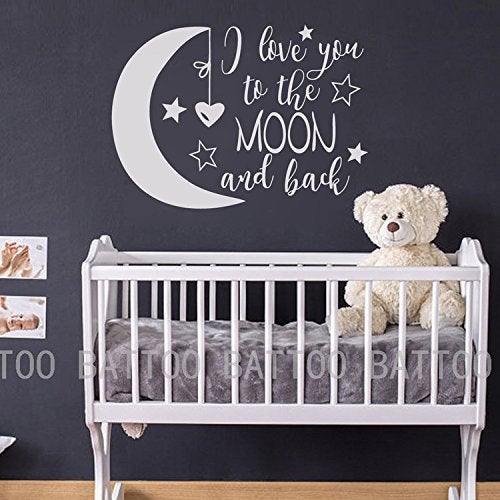 BATTOO I Love You To The Moon and Back Moon and Stars Wall Sticker Baby Nursery Wall Decor Kids Room Wall Decal Quotes Baby Crib Wall Decorwhite 22WX16H