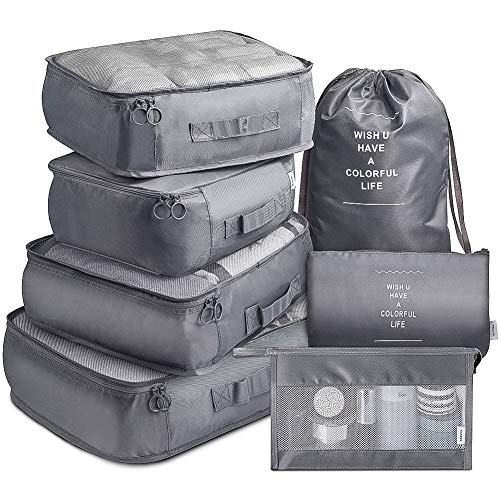 TS WITH TECHSUN 7 Pcs Travel Organizer Pouch Packing Cubes for Clothes Space Savers Bags Cosmetics/Underwear/Socks/Shoes Toiletry Bag Laundry Organiser (Nylon) (Grey) - Image 1