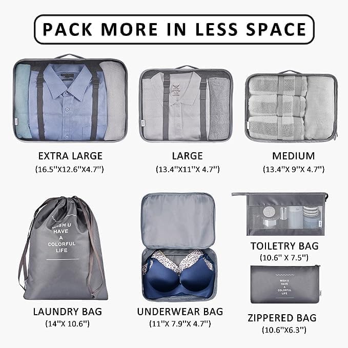 TS WITH TECHSUN 7 Pcs Travel Organizer Pouch Packing Cubes for Clothes Space Savers Bags Cosmetics/Underwear/Socks/Shoes Toiletry Bag Laundry Organiser (Nylon) (Grey) - Image 3