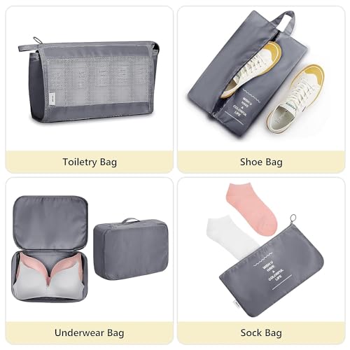 TS WITH TECHSUN 7 Pcs Travel Organizer Pouch Packing Cubes for Clothes Space Savers Bags Cosmetics/Underwear/Socks/Shoes Toiletry Bag Laundry Organiser (Nylon) (Grey) - Image 5