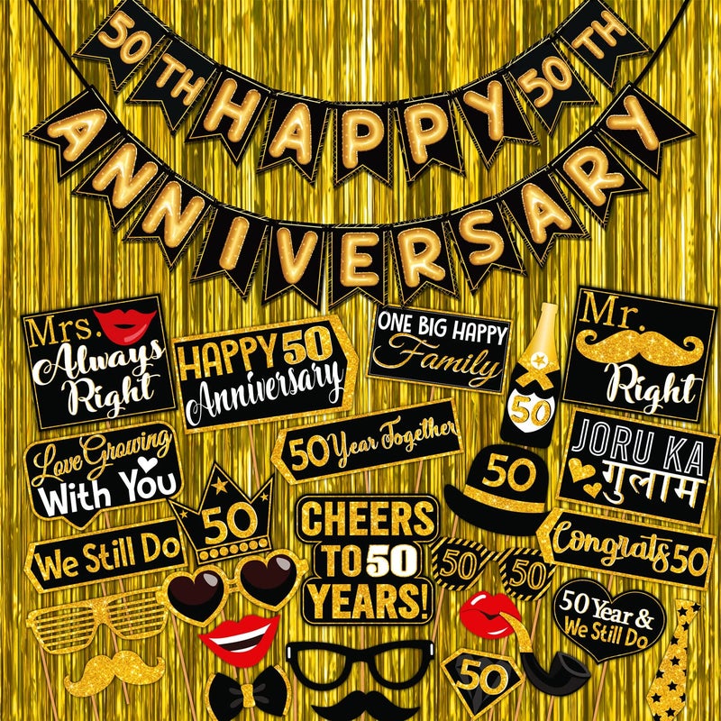 Wobbox Happy Anniversary Bunting Banner Black & Golden Shiny Font 50th Year with Happy Anniversary Party Props & Golden Colour Foil Fringe, Happy Anniversary Decoration Item - Image 1