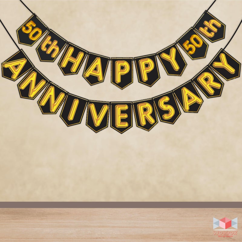 Wobbox Happy Anniversary Bunting Banner Black & Golden Shiny Font 50th Year with Happy Anniversary Party Props & Golden Colour Foil Fringe, Happy Anniversary Decoration Item - Image 3