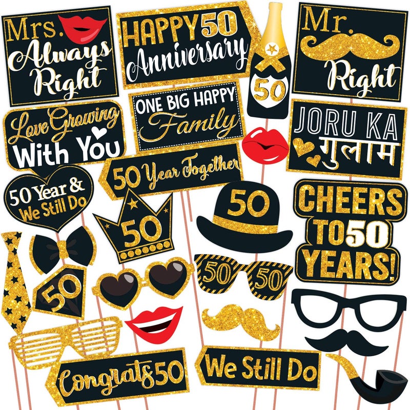 Wobbox Happy Anniversary Bunting Banner Black & Golden Shiny Font 50th Year with Happy Anniversary Party Props & Golden Colour Foil Fringe, Happy Anniversary Decoration Item - Image 4