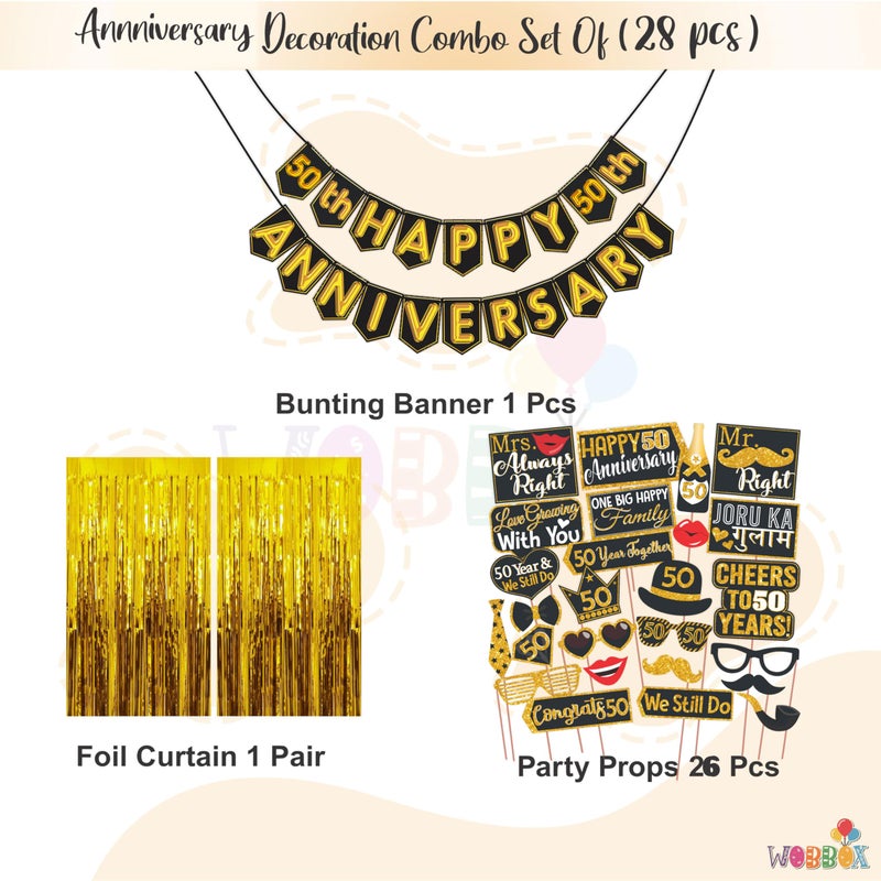 Wobbox Happy Anniversary Bunting Banner Black & Golden Shiny Font 50th Year with Happy Anniversary Party Props & Golden Colour Foil Fringe, Happy Anniversary Decoration Item - Image 2