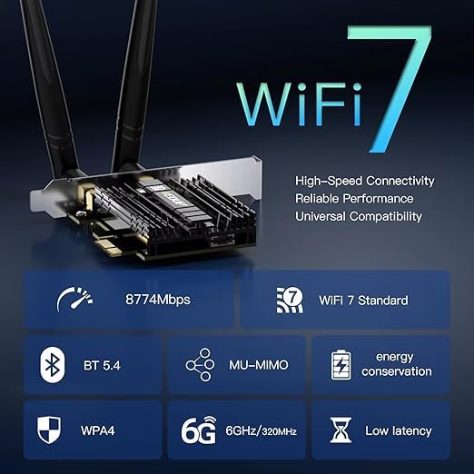 E029 WiFi7 Network Card Intel BE200 8774Mbps Bluetooth 5.4 Tri Band Pcie Express, MU-MIMO, WPA4, 4K QAM, Wireless Network Adapter for Desktop Tower PC with Heat Sink, Only Works for Windows 11 64-bit - Image 2