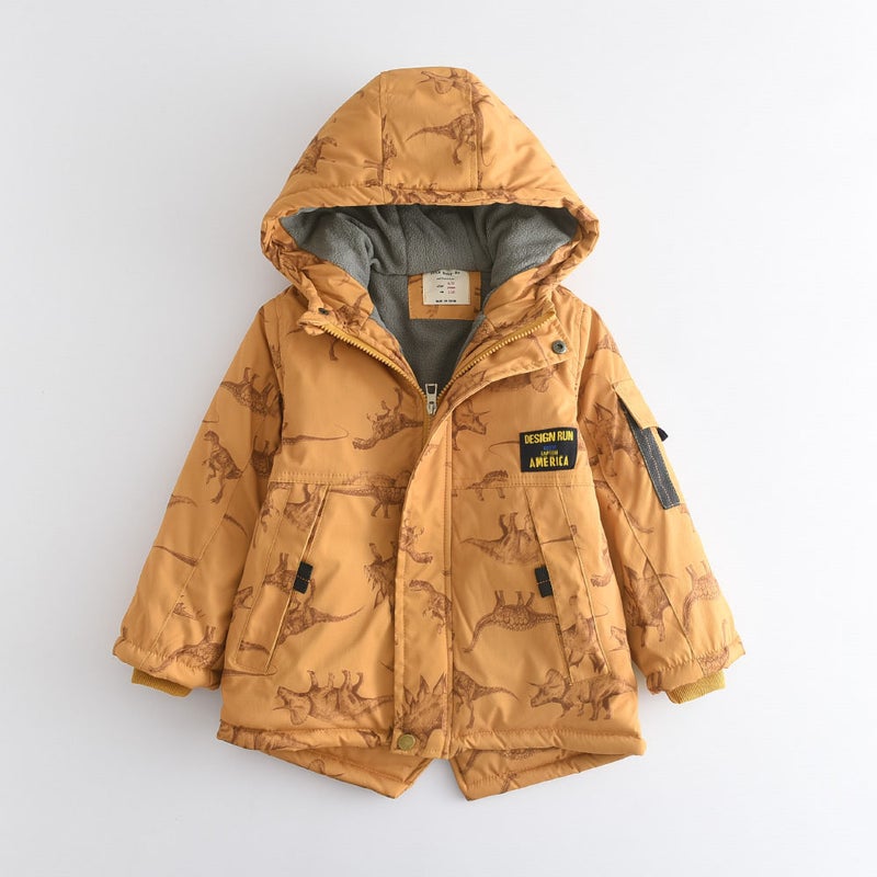 2024 Winter Boys Dinosaur Hooded Cotton Padded Jacket Yellow 