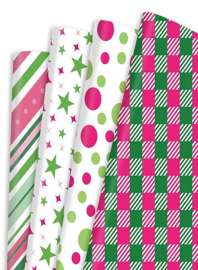 Pineraap 12 Sheets Pink and Green Wrapping Paper, Cute Polka Dot stripe Plaid Star Pattern Gift Wrap Paper, Gift Packing Paper for Girls Women Birthday Party Holiday, 19.7 x 27.6 Inch - Image 1