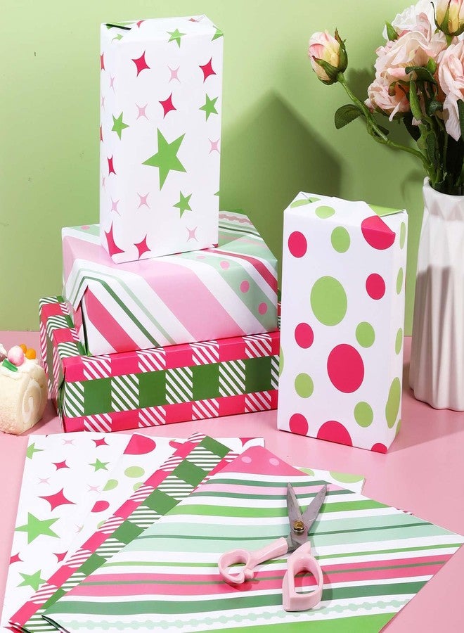 Pineraap 12 Sheets Pink and Green Wrapping Paper, Cute Polka Dot stripe Plaid Star Pattern Gift Wrap Paper, Gift Packing Paper for Girls Women Birthday Party Holiday, 19.7 x 27.6 Inch - Image 2