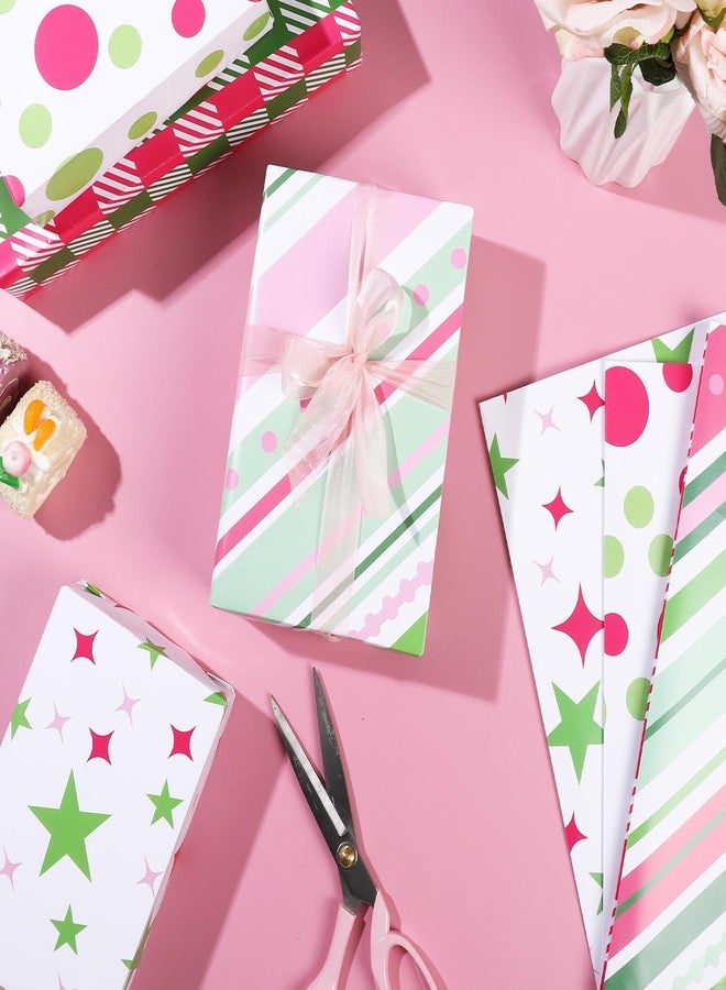 Pineraap 12 Sheets Pink and Green Wrapping Paper, Cute Polka Dot stripe Plaid Star Pattern Gift Wrap Paper, Gift Packing Paper for Girls Women Birthday Party Holiday, 19.7 x 27.6 Inch - Image 3