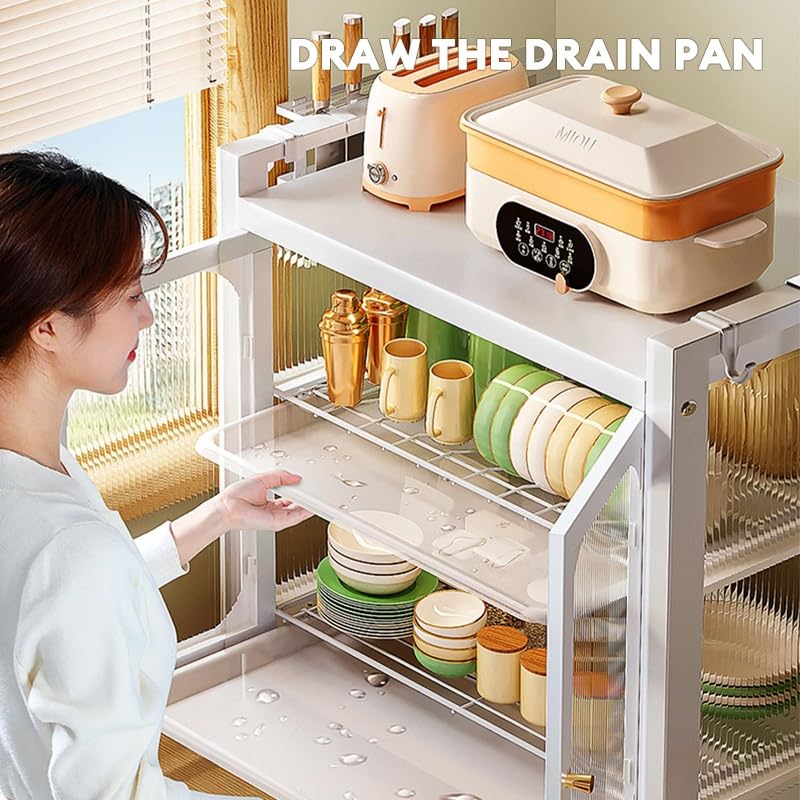 kesig kesig Carbon Steel Kitchen Storage Rack Drain Dishware Storage Rack Countertop Storage Cupboard with Door Multifunctional Bowl Chopstick Storage Box Kitchen Countertop Plate Organizer White  - Image 4