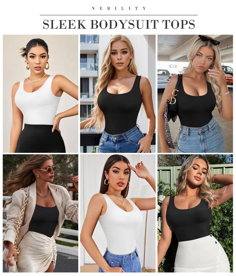 Nebility Womens' Waist Trainer Seamless Round Neck Tummy Control Shapewear Bodysuit (Black/White 2pk,XL/2XL) - Image 5
