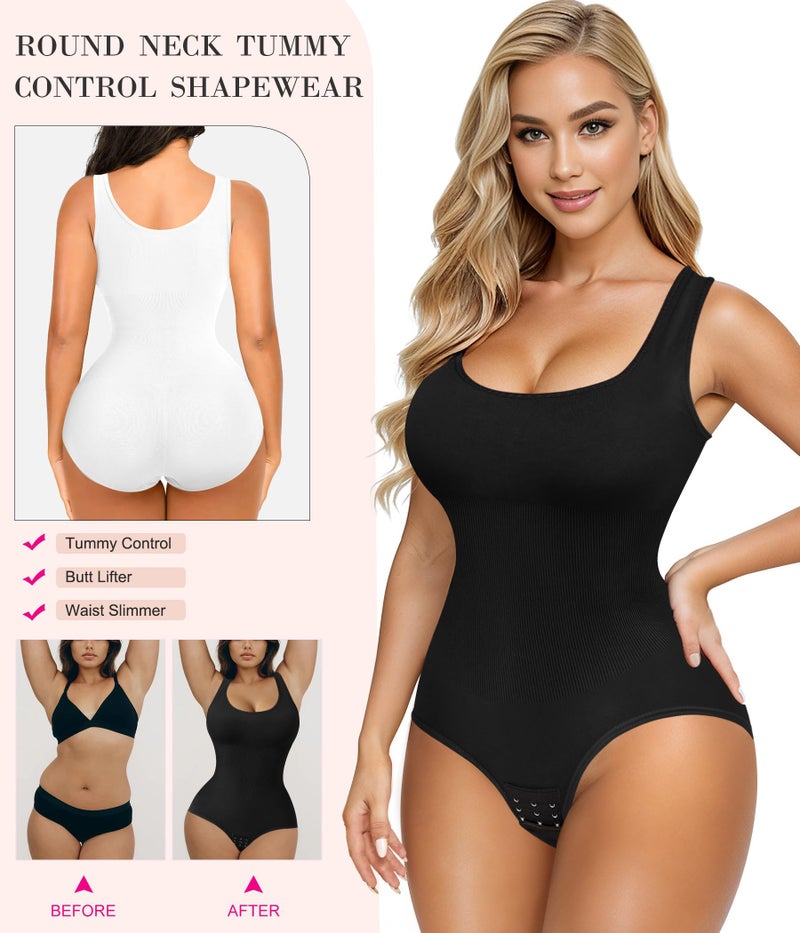 Nebility Womens' Waist Trainer Seamless Round Neck Tummy Control Shapewear Bodysuit (Black/White 2pk,XL/2XL) - Image 4