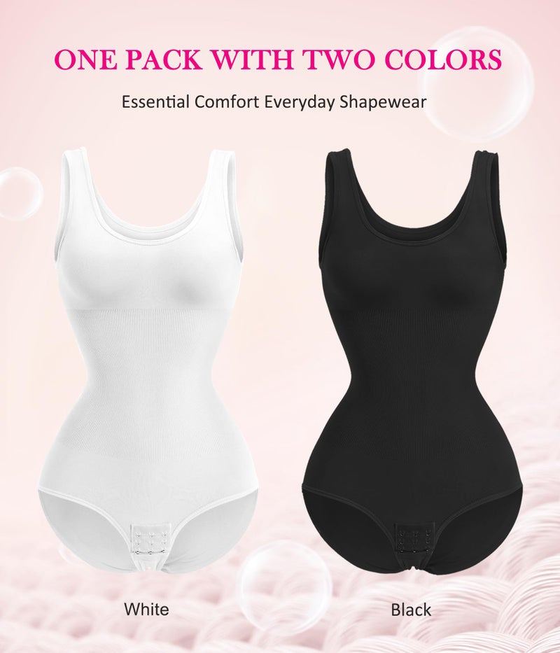 Nebility Womens' Waist Trainer Seamless Round Neck Tummy Control Shapewear Bodysuit (Black/White 2pk,XL/2XL) - Image 2