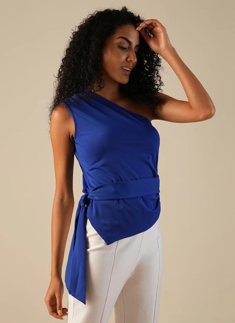 globus Globus Women One Shoulder Solid Waist Tie-Up Satin Party Top