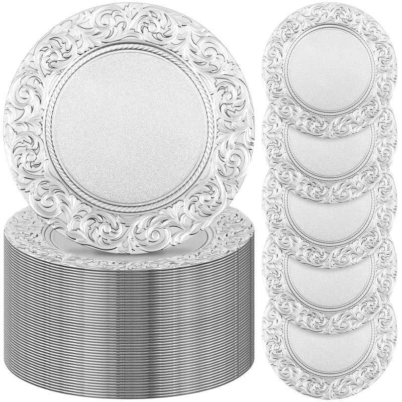 أطباق شحن أنتيك من Uiifan بالجملة 13 طبق بلاستيكي مزخرف لأطباق العشاء دائرية مزخرفة بالزهور لحفلات الزفاف أطباق شحن زخرفية لتزيين الطاولة للعشاء في المطبخ حفلات الزفاف 100 قطعة