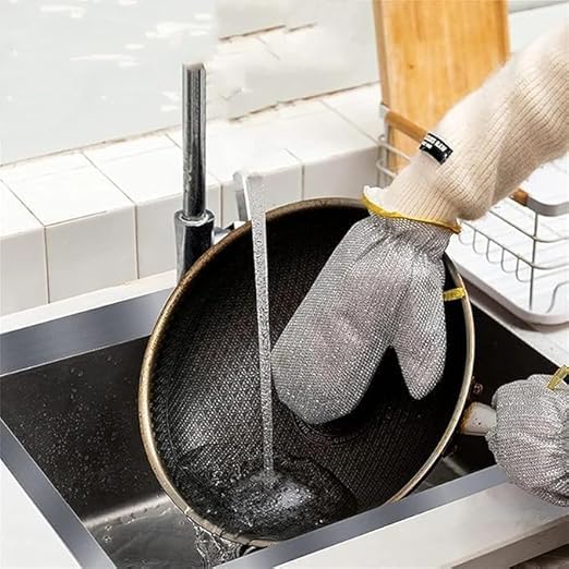 Kitchen Cleaning Mittens, Wire Mesh Scrubbing Gloves, Heat Resistant Waterproof, Silver, 1 Pair  - Image 2