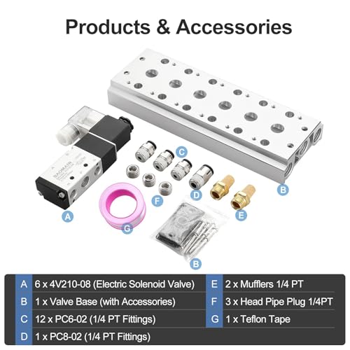Baomain 6 Station Solenoid Valve Manifold, 24V DC 5 Way 2 Position Pneumatic Air Valve, Six Solenoid, 1/4" PT Port, Includes Manifold Base & Mufflers, 4V210-08 - Image 3