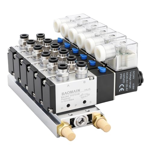 Baomain 6 Station Solenoid Valve Manifold, 24V DC 5 Way 2 Position Pneumatic Air Valve, Six Solenoid, 1/4" PT Port, Includes Manifold Base & Mufflers, 4V210-08 - Image 1