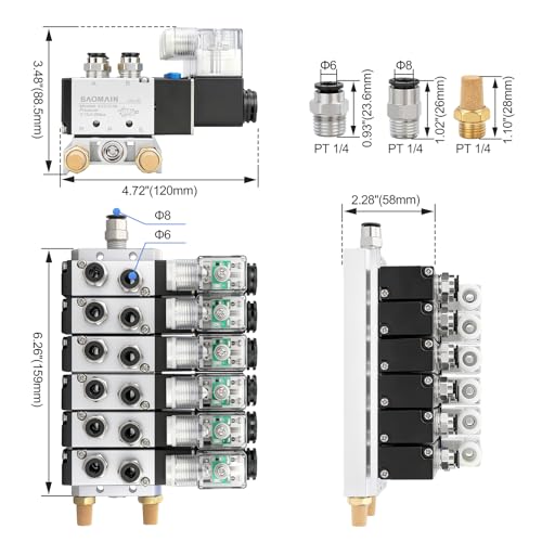 Baomain 6 Station Solenoid Valve Manifold, 24V DC 5 Way 2 Position Pneumatic Air Valve, Six Solenoid, 1/4" PT Port, Includes Manifold Base & Mufflers, 4V210-08 - Image 2