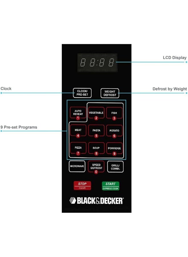 BLACK+DECKER Combination Microwave Oven with Grill, Auto Menu Function, 5 Microwave Power Levels, Efficient Defrost & Grill, Sleek Finish, 30 L 900 W MZ3000PG-B5 Silver/Black - Image 3