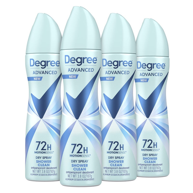 Degree Advanced Antiperspirant Deodorant Dry Spray 72Hour Sweat and Odor Protection Shower Clean Deodorant Spray For Women With MotionSense Technology 38 oz Pack of 4