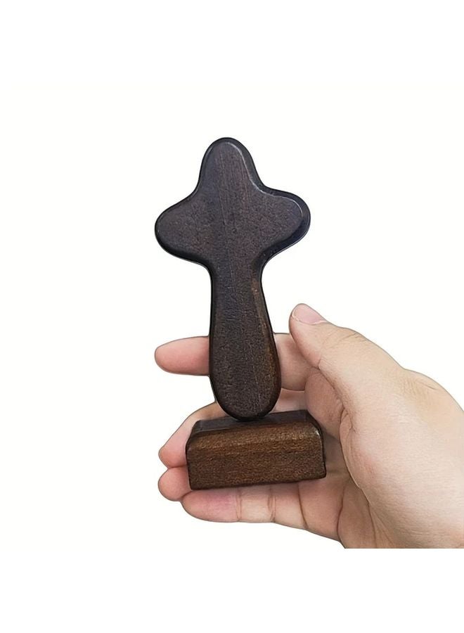 Brown Mini Wooden Magnetic Cross Ornament With Stand Desktop Decoration Gift - Image 2