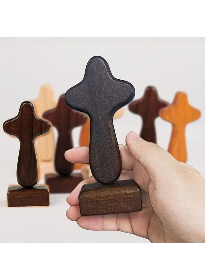 Brown Mini Wooden Magnetic Cross Ornament With Stand Desktop Decoration Gift - Image 1